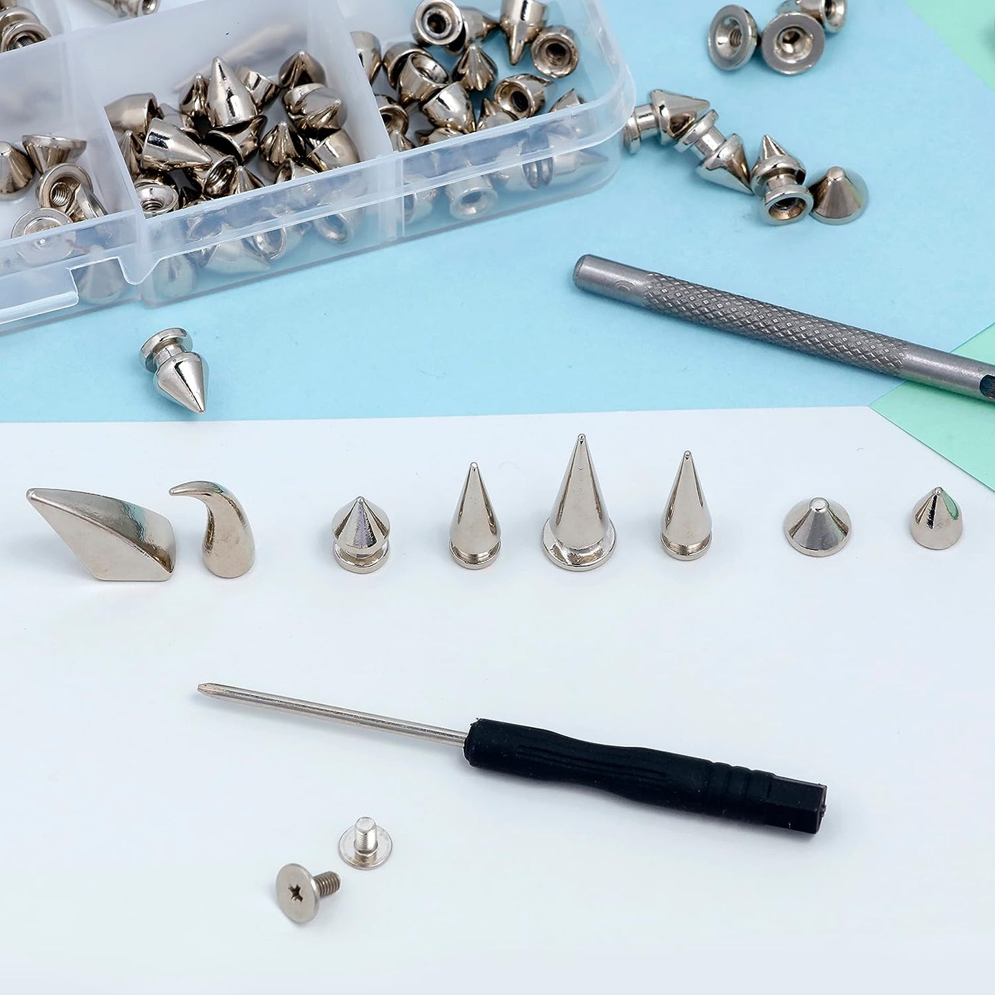 Image of Assorted Spikes and Studs Close-up | Caption-Assorted Spikes and Studs Close-up