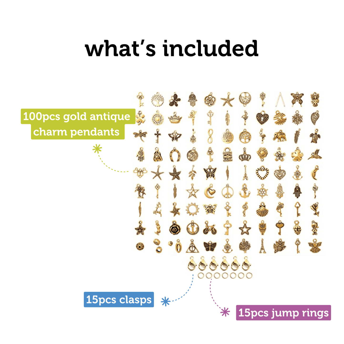 Image of Bulk Gold Charms Set and Accessories What's Included | Caption-Bulk Gold Charms Set and Accessories What's Included