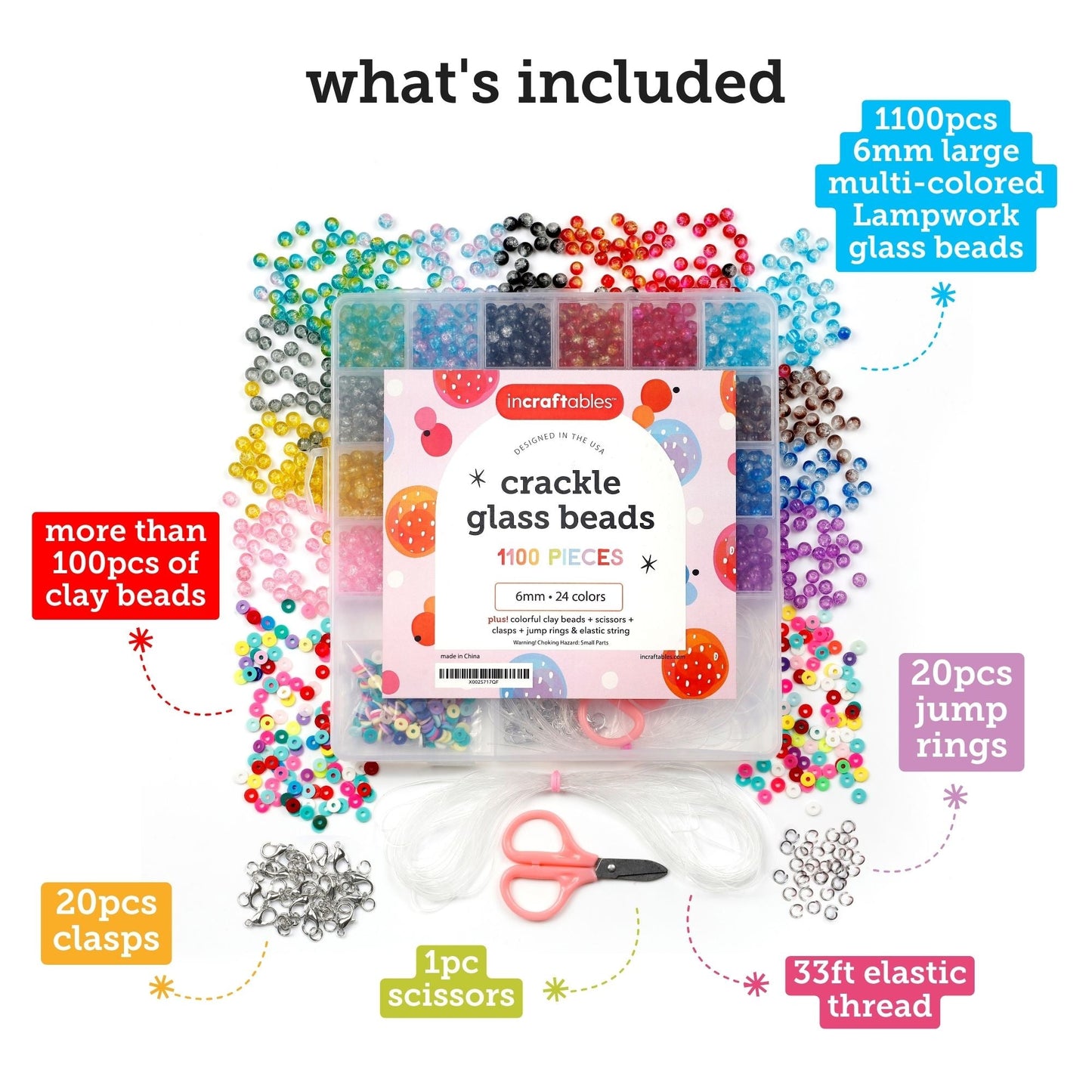 Image of What's Included in the Bulk Crackle Glass Beads Set and Accessories  | Caption-What's Included in the Bulk Crackle Glass Beads Set and Accessories
