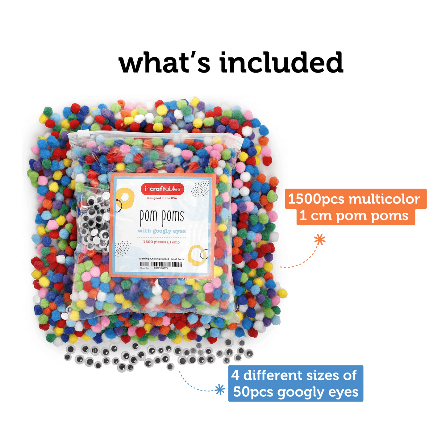 Image of What's Included in the Bulk Pom Poms 1500pcs Set  | Caption-What's Included in the Bulk Pom Poms 1500pcs Set