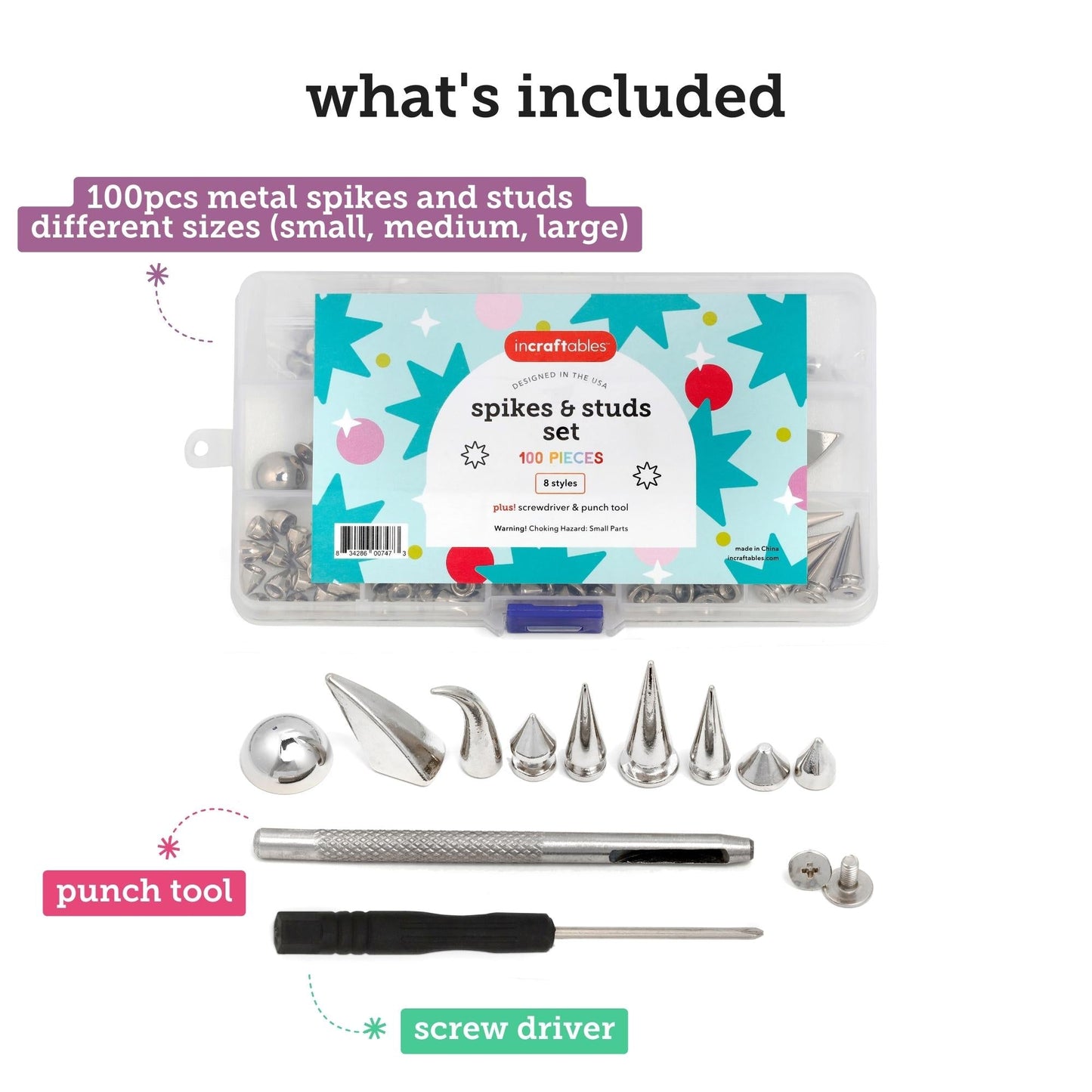 Image of What's Included in the Bulk Spikes and Studs Set | Caption-What's Included in the Bulk Spikes and Studs Set
