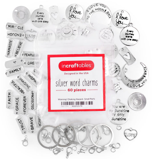 Image of Bulk Silver Word Charms Set & Accessories Overview 