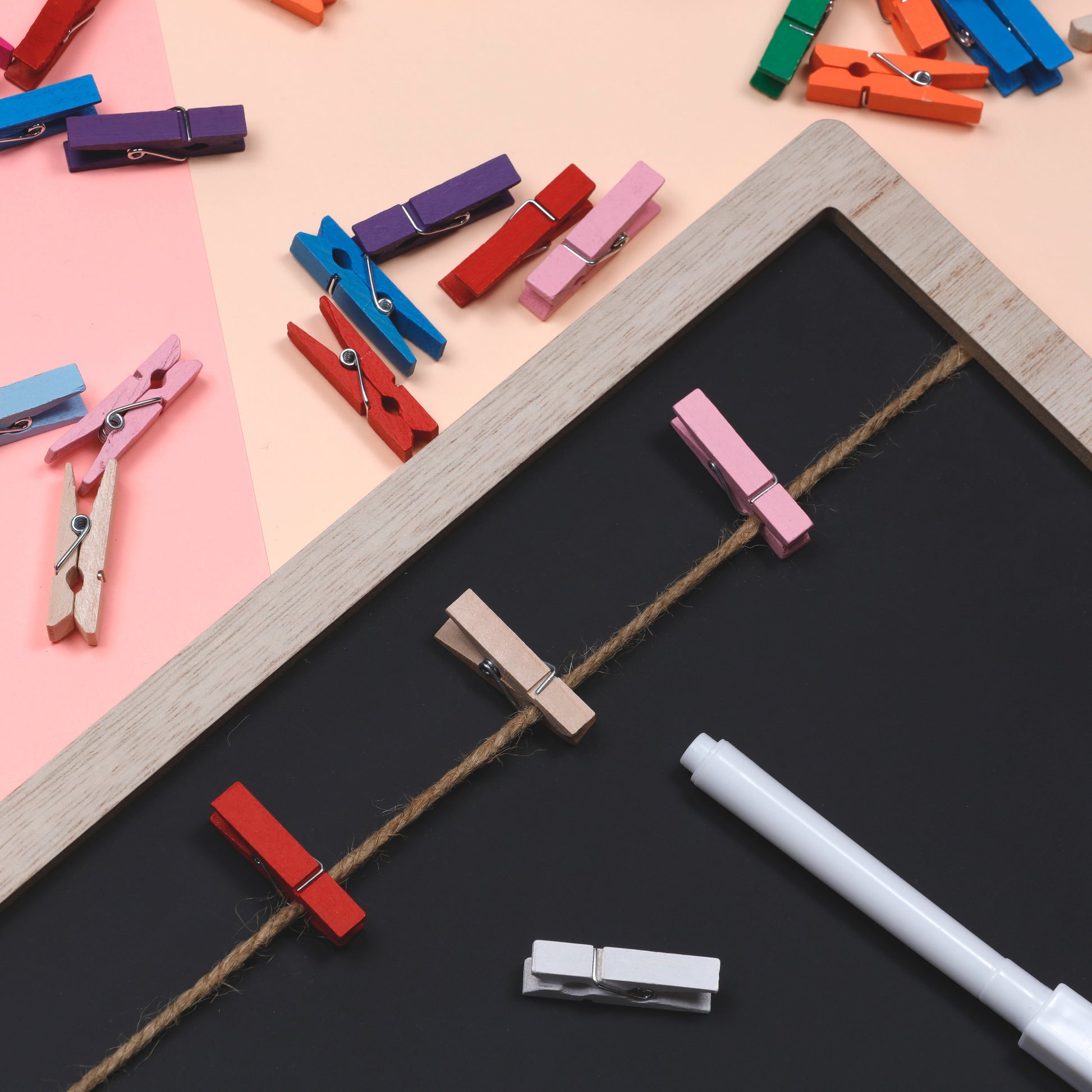 Image of Bulk Wooden Mini Clips Close-up in Assorted Colors | Caption-Bulk Wooden Mini Clips Close-up in Assorted Colors