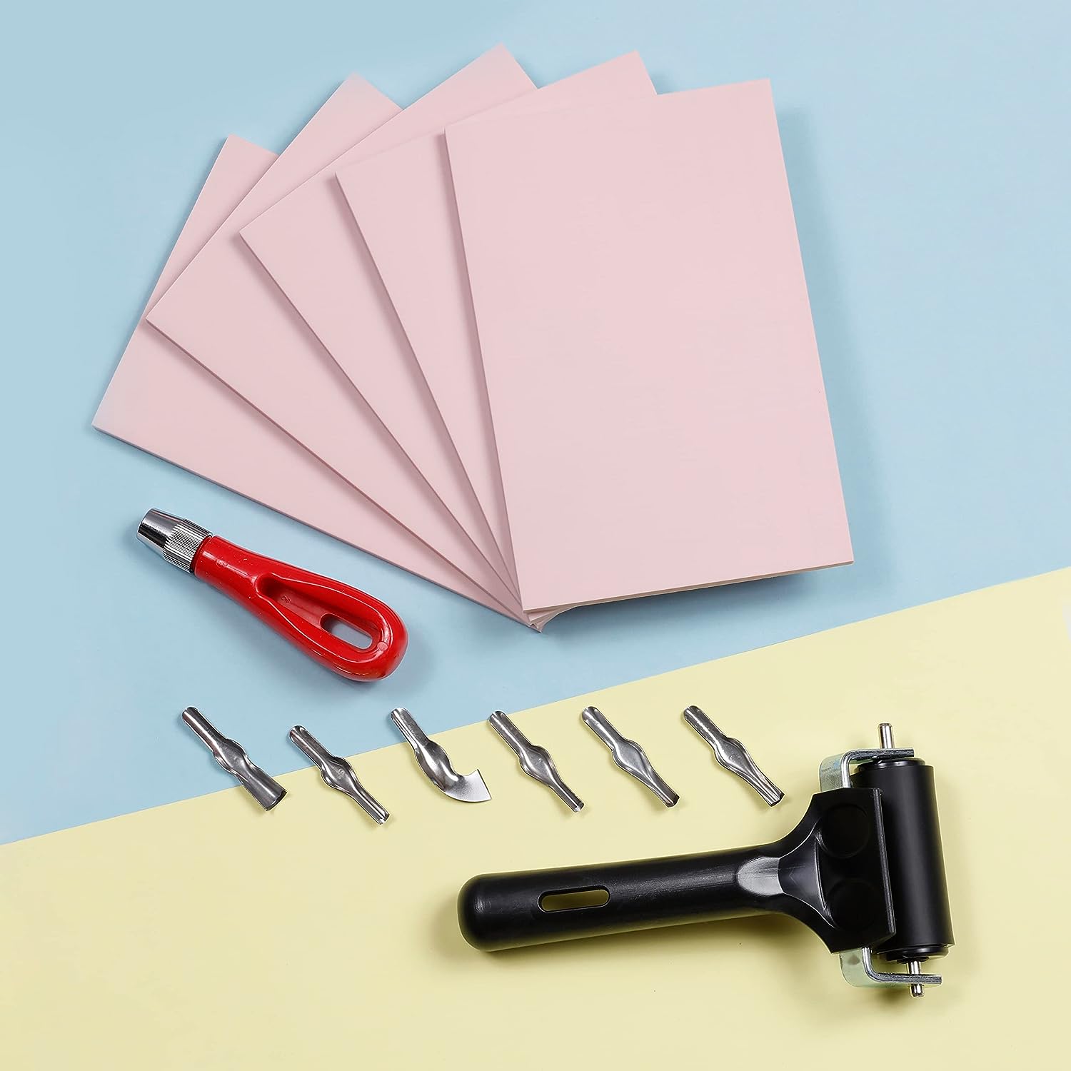 Image of Carving Tools and Rubber Blocks Close-up | Caption-Carving Tools and Rubber Blocks Close-up