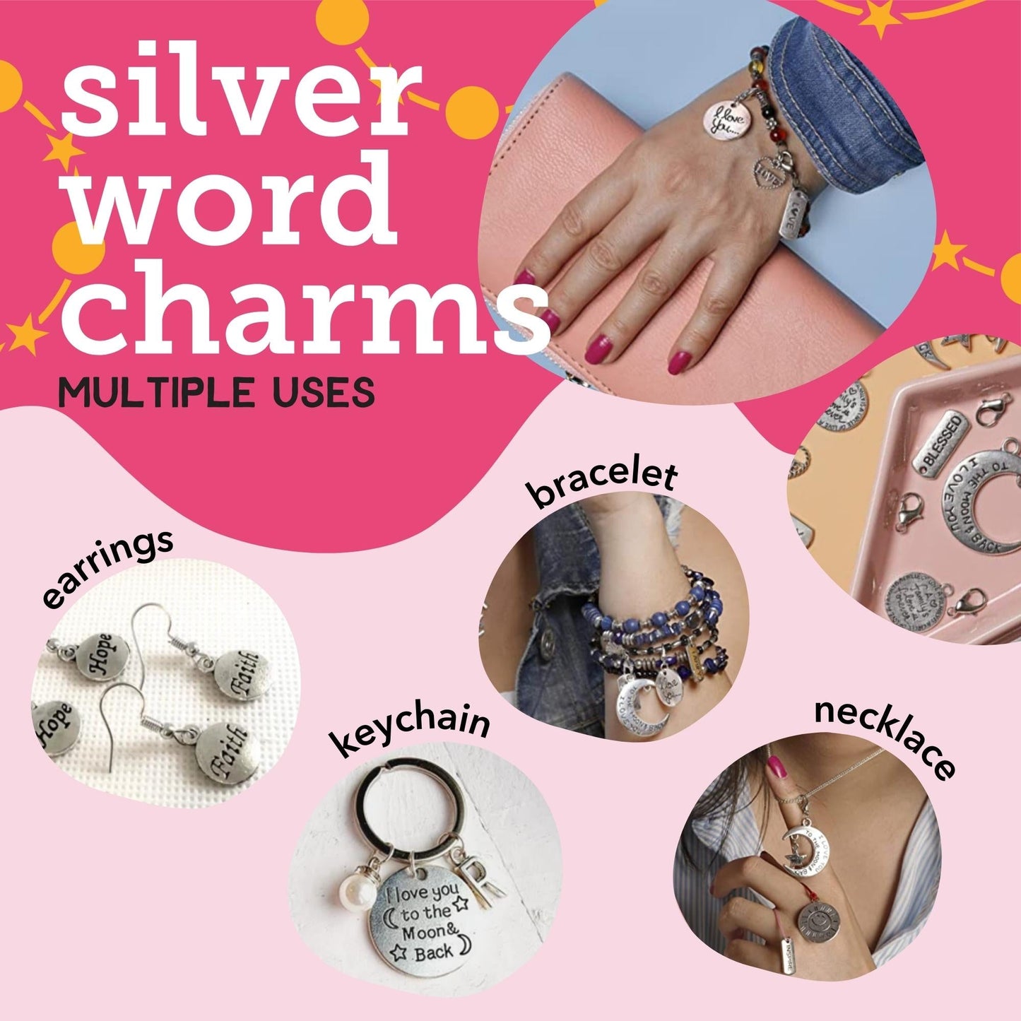 Image of Multiple Uses for Bulk Silver Word Charms & Accessories | Caption-Multiple Uses for Bulk Silver Word Charms & Accessories