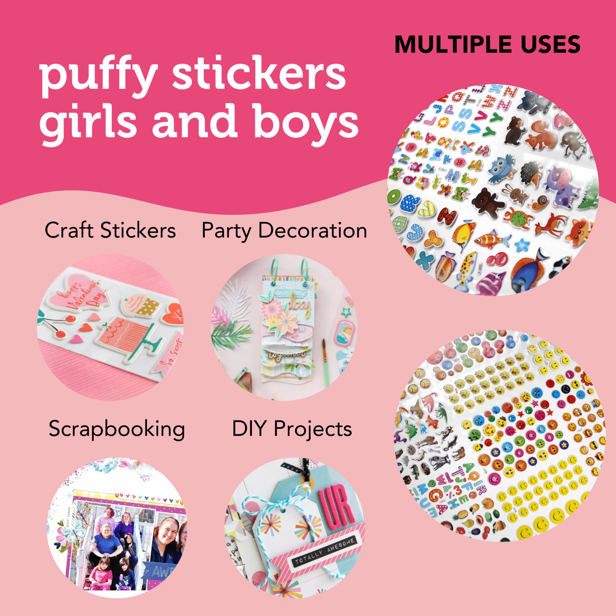 Incraftables Puffy Stickers for Kids (48 Sheets). Self Adhesive