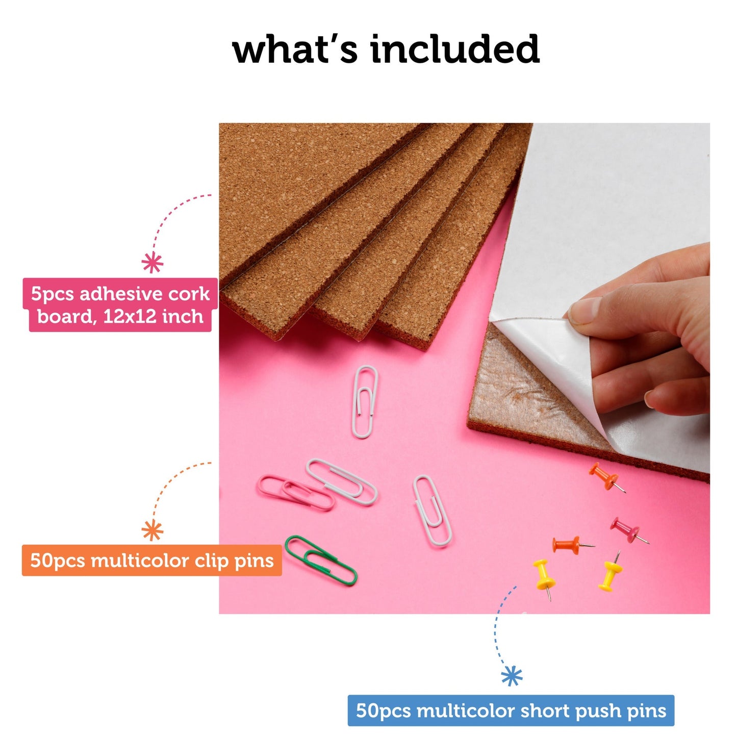 Image of What's Included in the Bulk Cork Board Tiles Set | Caption-What's Included in the Bulk Cork Board Tiles Set