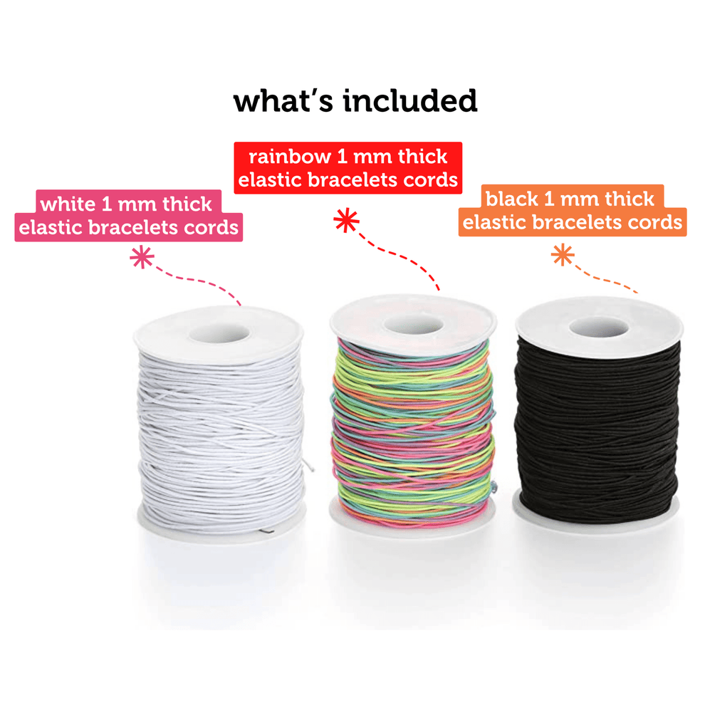 Bulk Elastic String Set | 3 Rolls (White, Black & Rainbow) | Incraftables