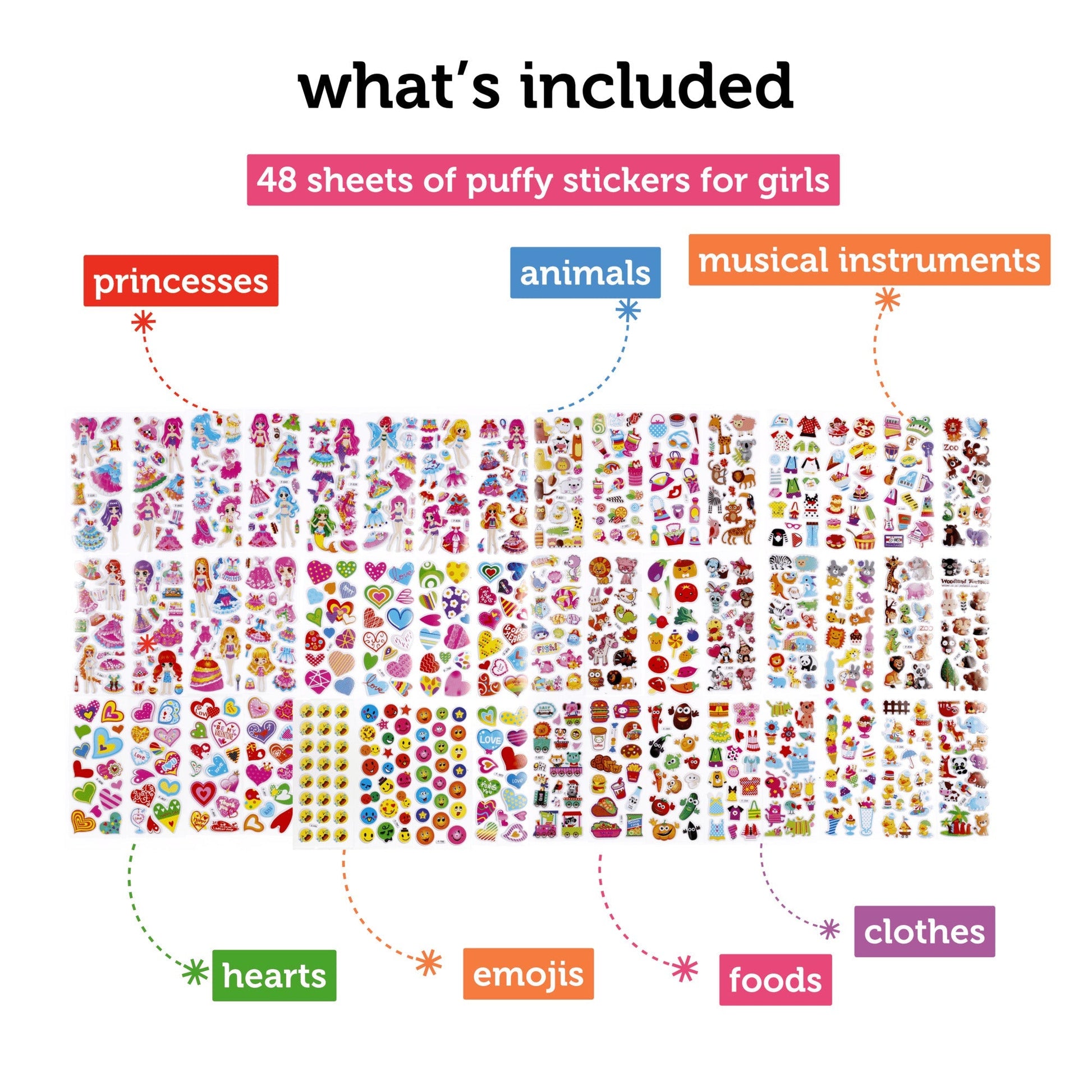 Image of What's Included in the Bulk Puffy Sticker Girl Set | Caption-What's Included in the Bulk Puffy Sticker Girl Set