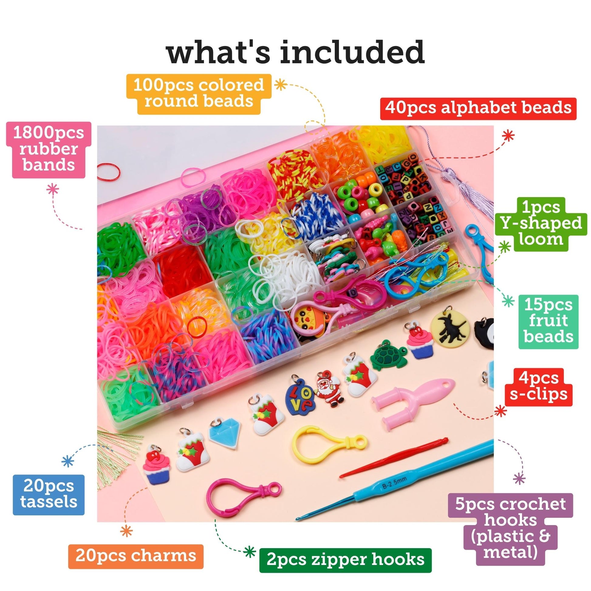 Image of What's Included in the Bulk Rubber Band Bracelet Making Kit