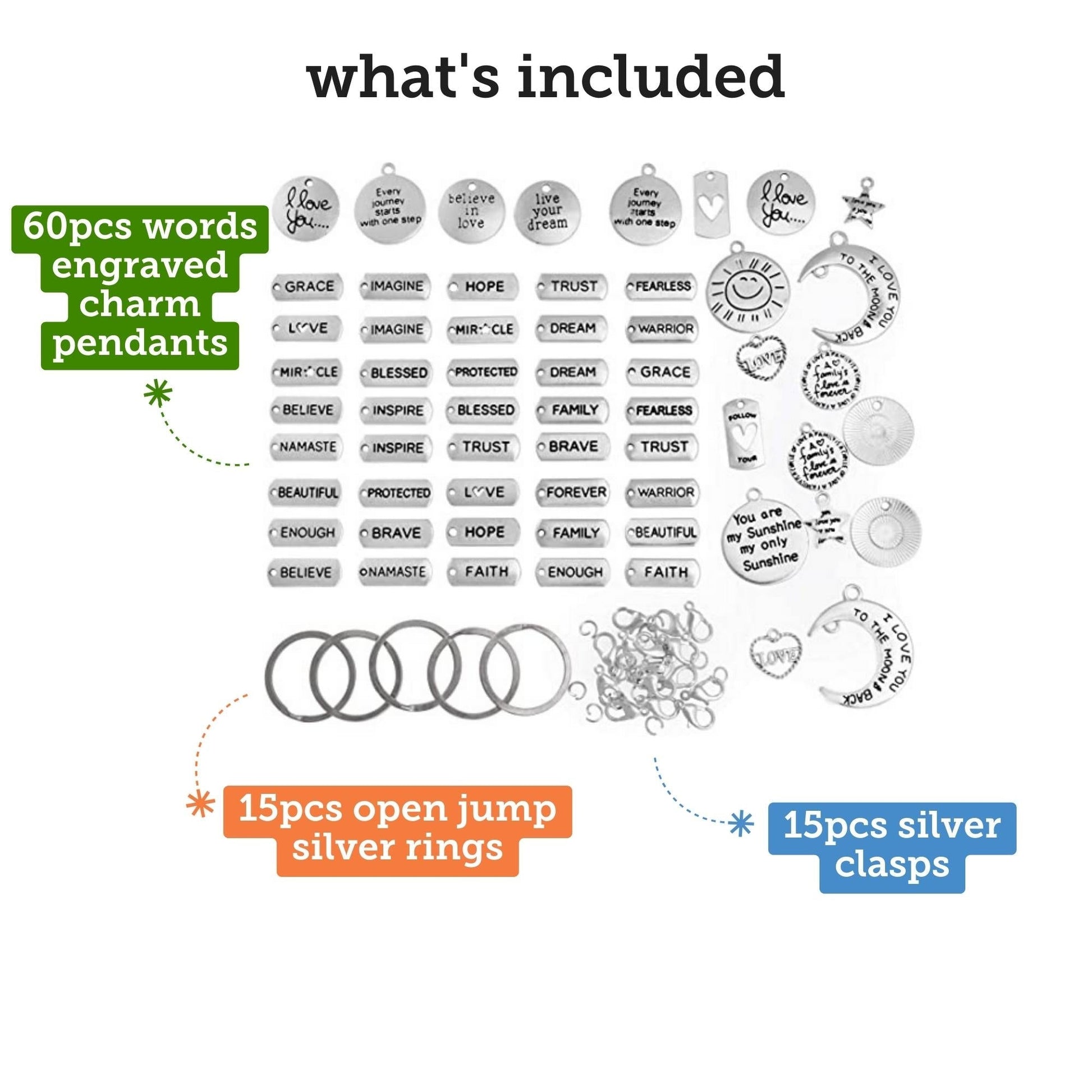 Image of What's Included in the Bulk Silver Word Charms Set & Accessories | Caption-What's Included in the Bulk Silver Word Charms Set & Accessories